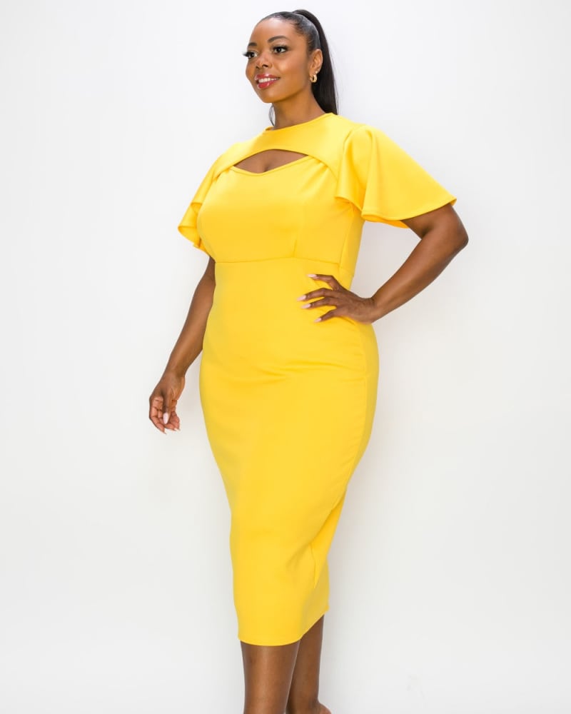Front of a model wearing a size 1X Millie Cutout Flutter Dress in Yellow by L I V D. | dia_product_style_image_id:240792